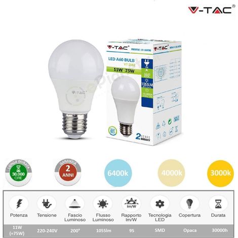 V-TAC Lampadina led bulbo 11w A60 attacco grande E27 copertura opaca luce fredda naturale calda Naturale (1/5)