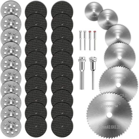 42 pcs Mini Disque Diamant à Tronçonner,6 Mandrins Mini Lame de Scie Circulaire HSS Disque Diamant à Tronçonner et Disque de Coupe Résine pour Bois Plastique Fibre de Verre Cuivre Aluminium (1/5)