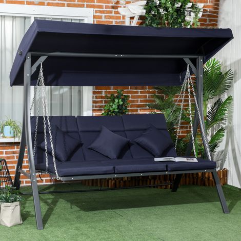 Columpio de jardín de hierro azul oscuro para 3 personas con cojines y toldo regulable con protección solar (1/5)