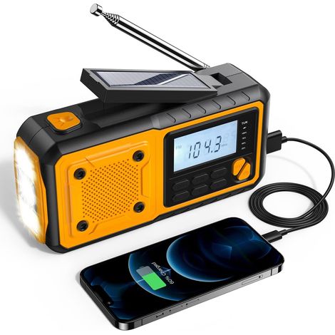 Radio solaire à manivelle, fonction de recharge de téléphone portable, batterie de secours 4000 mAh avec radio FM/AM et lampe torche LED. (1/5)