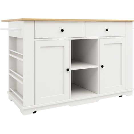 Isla de cocina blanca con encimera extensible, enchufes, 2 cajones y ruedas (1/5)