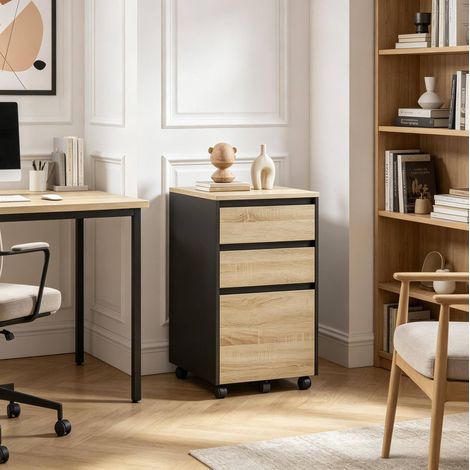 Mueble de almacenamiento móvil 40 x 40 x 70 cm con 3 cajones, ruedas, negro y roble OKMYHOME (1/5)