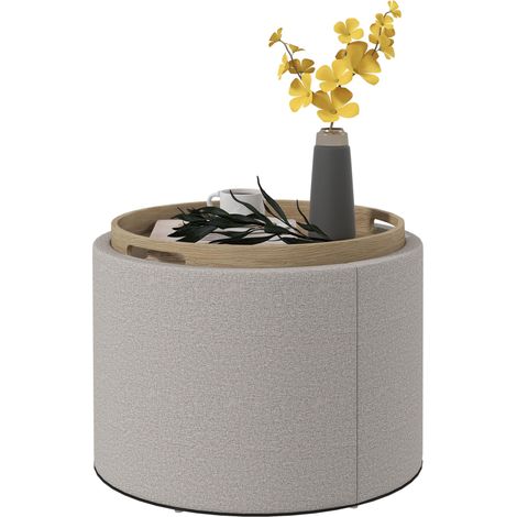 Tabouret rembourré, lin, rangement dissimulé, couvercle réversible, 56 cm x 56 cm x 42 cm, gris clair et naturel (1/5)