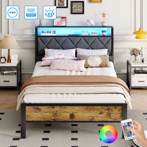 Lit 90x200 cm en lin gris avec sommier, lit coffre avec éclairage LED et ports USB + Type C, lit adulte moderne avec rangement, facile à monter (1/5)