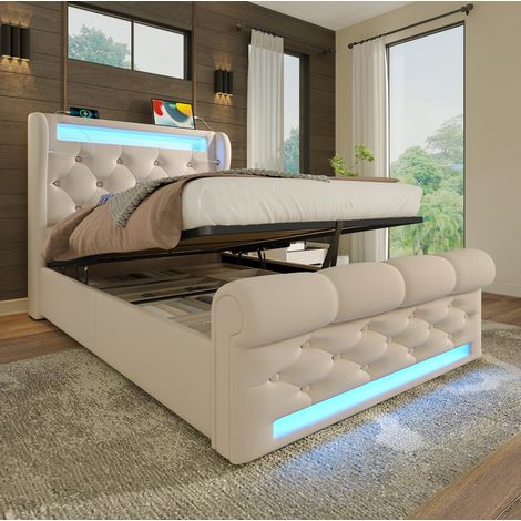 Lit coffre 90x200 LED velours beige, USB HAVRYA (1/5)