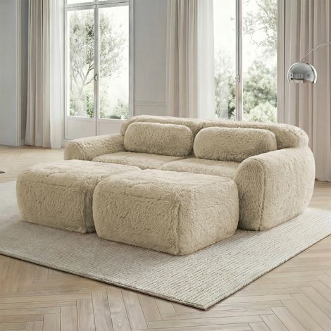Canapés Cloud sans os, tissu peluche doux, canapé-lit modulable avec 2 poufs, canapé deux places, aucun assemblage requis, canapé confortable pour le salon, kaki clair (1/5)