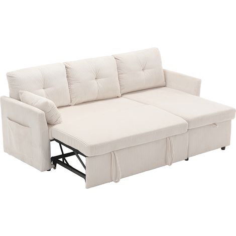 Sofá cama modular en L beige de tejido efecto pana con almacenaje y chaise longue reversible (1/5)