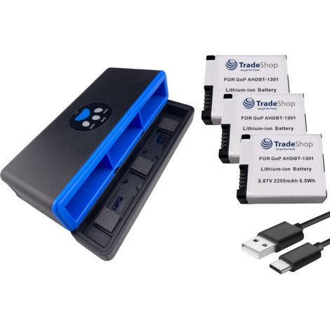 Trade-Shop 4in1 Set: 3x Akku (eckige Form) 2200mAh + USB-C LCD Triple Ladegerät / Ladebox für GoPro HERO13 Black, AHDBT-1301, AHDBT-1301PR, CPSS1B (1/5)