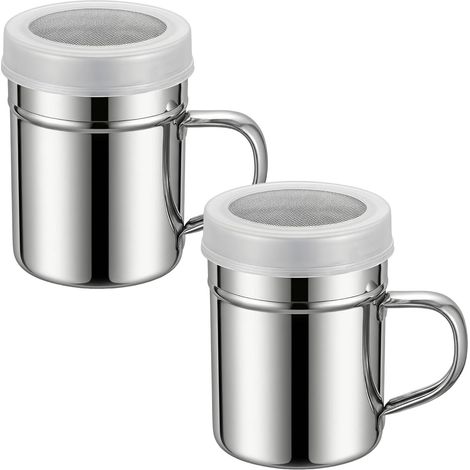 2-teiliger Puderzuckerstreuer mit Griff (170 g), Kakaostreuer aus Edelstahl mit feinem Sieb und Deckel zum Dekorieren von Desserts, Cappuccinos, Gebäck und Crêpes (1/5)