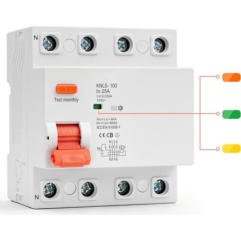 Disjoncteur Différentiel 30mA Interrupteur Differentiel 25A type A 4P 6KA Protection contre les fuites électriques,Indicateur de défaut à trois couleurs,Montage sur rail DIN de 35 mm,aux Résidences (1/5)