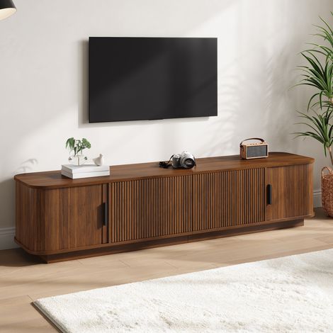 Mobile porta TV con illuminazione a LED, 2 cassetti ondulati e 2 ante scorrevoli, 180x40x40 cm, in MDF e truciolato di noce (1/5)