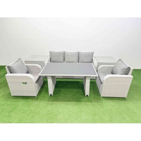 Fimous Outdoor Rattan Garden Furniture Dining Set 5-seater Patio Rectangular Table 3 Seater Sofa Reclining Chair Set with 2 Side Tables (1/4)