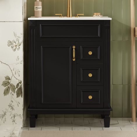 24-Zoll Badezimmerwaschtisch mit Keramikwaschbecken, kleiner Waschtisch, moderner Schrank mit 2 Schubladen und verstellbarem Regal (1/5)