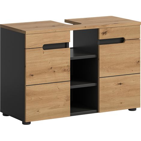 Badezimmer Waschbeckenunterschrank mit 80 cm Breite in Eiche mit grau, 2 Türen & 1 offenes Fach CORTANA-158 (1/5)