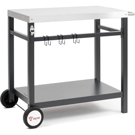 1 Chariot Barbecue Metal Avec Plan Travail Acier Inoxydable Et Roues Pour Cuisine Exterieur