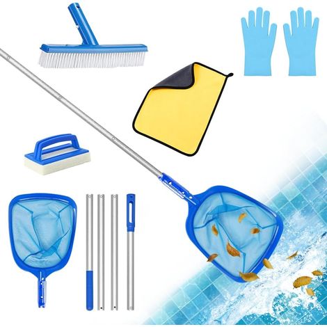 1 Kit Nettoyage Piscine,Épuisette Mailles Fines,Manche Télescopique 185cm,Brosse,Coton,Gants,Piscine Étang