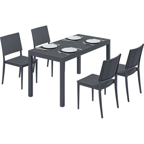 Gartenmöbel Set Sitzgruppe 5-teilig Breiter Tisch mit 4 Stapelstühlen Lamelldesign für 4 Personen Dunkelgrau