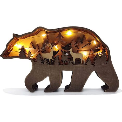 Statuette Ours En Bois - Avec Guirlande Lumineuse - Décoration De Bureau Et Intérieur - 1 Pièce (1/5)