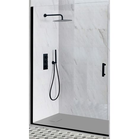 Milano Nero Black Reversible Recessed Hinged Door Shower Enclosure and Light Grey Slate Effect Tray with Fast Flow Waste - 1100mm x 700mm (1/5)