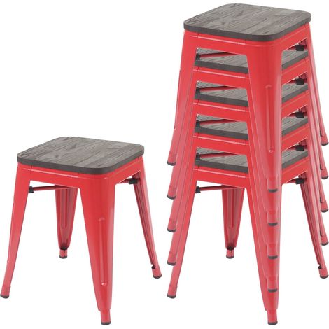 Set 6x sgabelli poggiapiedi bistrot design industriale HHG-771 legno metallo verniciato rosso