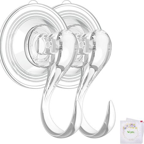 Lot de 2 crochets à ventouse - Crochets - Ventouse avec crochet - Crochets de suspension - Ventouses - Lingettes humides incluses - Plastique - Transparent (1/5)