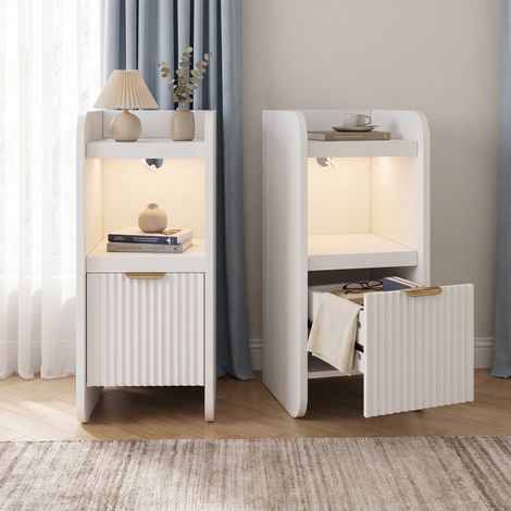 Lot de 2 Tables de chevet 25x30x60cm, station de charge et LED, 1 tiroir, Bout de canapé en Bois, style Moderne, Blanc (1/5)