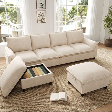 Sofá modular en U (264.5x142.5x84 cm), asiento profundo, respaldo alto, chenilla beige (1/5)