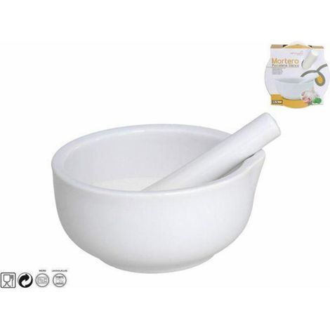 mortero porcelana blanca con vertedor 14,5x15,5x7,2 cms apto para limpieza en lavavajillas