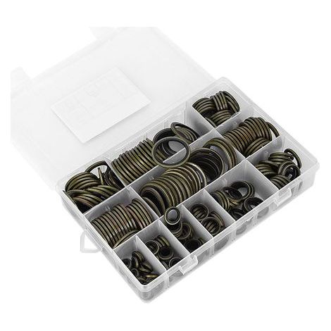 Satz mit 240 Gummi- und Metall-O-Ringen für Ablassschrauben, von 6 bis 30 mm.