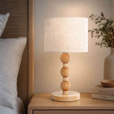 Lampe de chevet en bois massif et abat-jour tissé, design nordique 32cm, éclairage LED 3 couleurs chaud/neutre/froid, interrupteur filaire