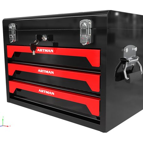 CAIziBoîte à outils portable 20" à trois niveaux, loquet métallique, compartiment supérieur de rangement et autres accessoires, adaptée aux garages, à l’appartement ou au plan de travail, noir et roug (1/5)