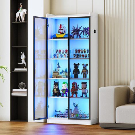 Vitrine mit LED-Beleuchtung und Sensor, 5 Böden, Acryltür, Weiß (1/5)