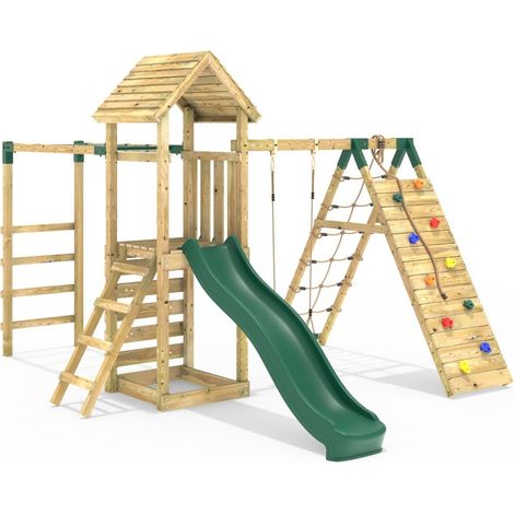Wooden Climbing Frame with Swing, Climbing Wall, Monkeybars and Slide - Carpathian Green (1/5)