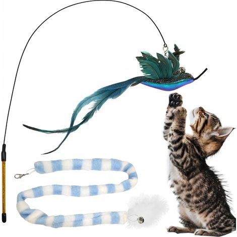 Caña de pescar para gatos, 2 juguetes intercambiables, cola de colibrí, campana y plumas (juego)