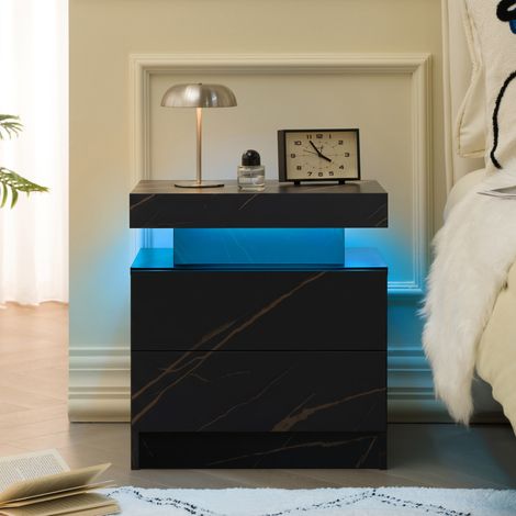 Comodino moderno in legno ingegnerizzato nero e oro con 2 cassetti, vano aperto e luci LED regolabili