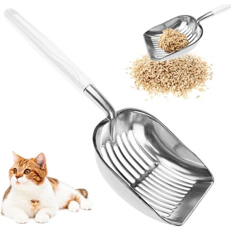 Pelle à Litière pour Chat, Pelle à Sable en Métal, Pelle à Litière à Long Manche, Poignée revêtue de Caoutchouc pour Nettoyer Les bacs à litière pour Chats (1/5)