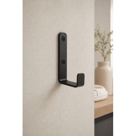 Set of 4 J-shaped wall hooks, sturdy screw fixing, black steel 82.5x47.5 mm, for garage and indoor storage (1/5)