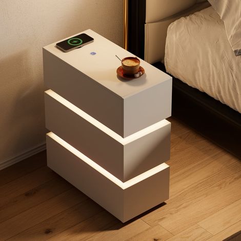 Table de Chevet Moderne pour Chambre 24 cm en MDF Blanc avec 3 Tiroirs, Éclairage LED et Chargeur Sans Fil (1/5)