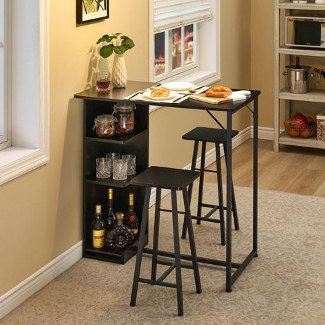 Bartisch Set mit 2 Barhockern, Stehtisch mit Weinglashalter & Ablage, Industrie-Stil, Schwarz (1/5)
