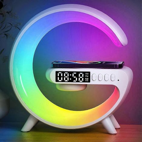 Enceinte Bluetooth G69 en forme de G avec chargeur sans fil, réveil et témoin lumineuxlhh blanc (1/4)