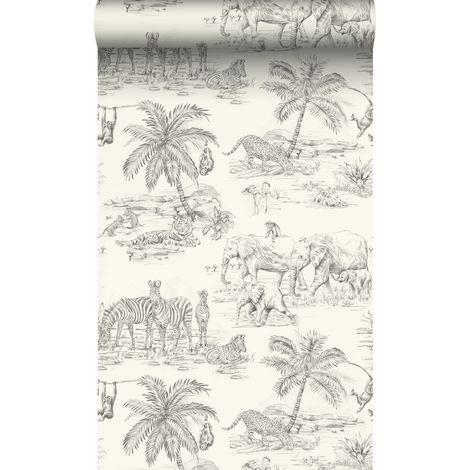 papier peint animaux de la jungle blanc d'ivoire et gris - Origin Wallcoverings (1/5)