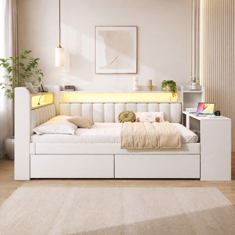Tagesbett 140x200 cm Weiß aus MDF, Sperrholz und Stoff mit LED-Beleuchtung, USB-Anschluss, Schreibtisch und 2 Schubladen (1/5)