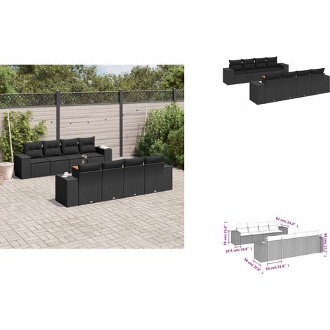 Salon de jardin 9 pcs avec coussins noir résine tressée - Ensemble Salon De Jardin - Meuble Extérieur - Résine Tressée - Rotin Synthétique - Fauteuil De Jardin (1/3)
