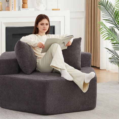 Fauteuil modulable hexagonal 138x122x76 cm en tissu chenille gris, salon FloraGrace (1/5)