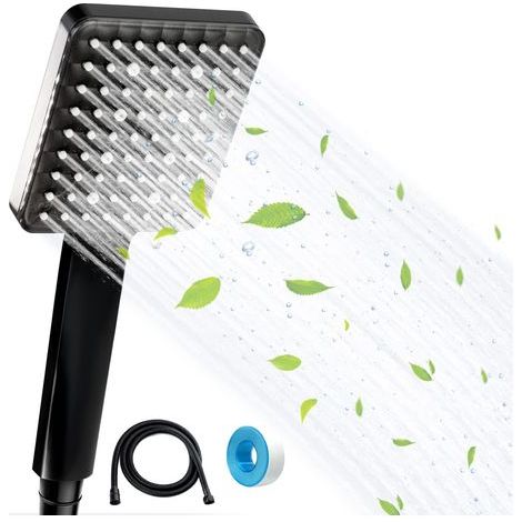 Duschkopf mit Schlauch, 6 Strahlarten. Schwarzer Jet-Duschkopf mit 1,5 m Schlauch. Wassersparend mit Druckverstärkung für höheren Wasserdruck.