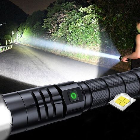 Linterna LED ultra potente de 10000 lúmenes con 5 modos, resistente al agua IPX4, recargable por USB, alcance de 200 m, aleación de aluminio de grado aeronáutico.