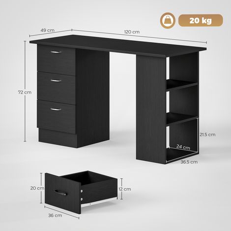 Bureau d'ordinateur à trois étagères et trois tiroirs, idéal pour une chambre ou un bureau. En MDF, dimensions : 120 x 49 x 72 cm, noir. (1/5)