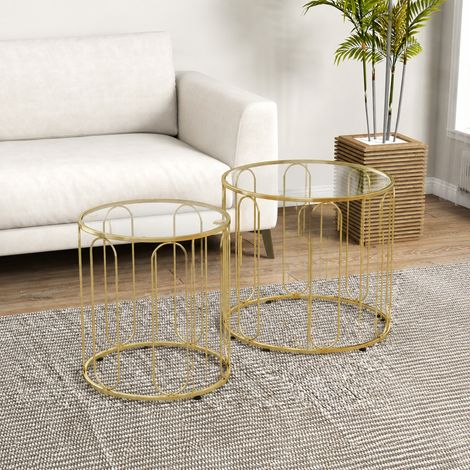 Lot de 2 tables basses gigognes rondes modernes avec cadre en métal et plateau en verre, ton doré (1/5)