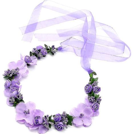 Couronne de fleurs artificielles avec ruban, faite main, bandeau, guirlande de fleurs, couronne pour cheveux, violette (1/3)