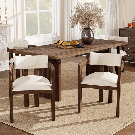 Juego de 6 sillas de comedor con reposabrazos, estructura de madera maciza, tejido de lino, color nogal (1/5)